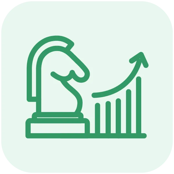 Line art of a chess knight piece with an upward trending bar graph and arrow, symbolizing strategic growth or success in chess or strategy.