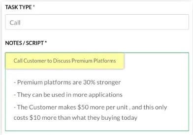 Task form with 'Call' in task type and notes about premium platforms being 30% stronger, more applications, $50 per unit, and $10 extra cost.