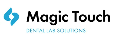 Logo for Magic Touch Dental Lab Solutions featuring a blue stylized 'S' symbol and black text.