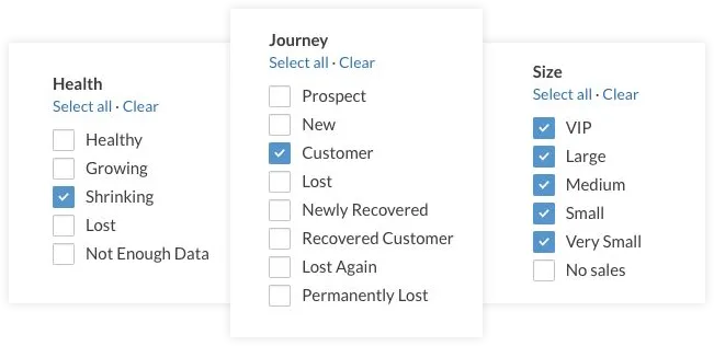 Screenshots of filter options for Health, Journey, and Size categories, with specific selections made in each.